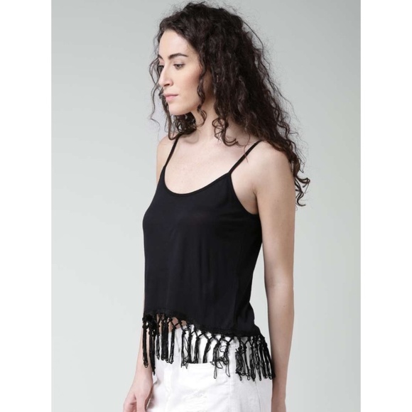 Forever 21 Sz L Black Spaghetti Strap Tank Top Pullover Stretch Fringe Hem - Picture 1 of 8